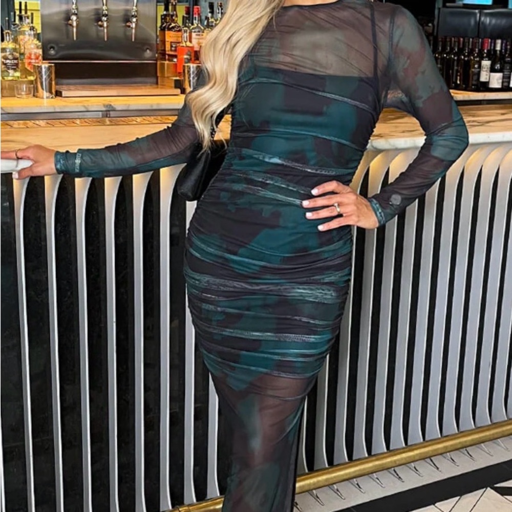 Teal and black smudge mesh overlay sheer dress